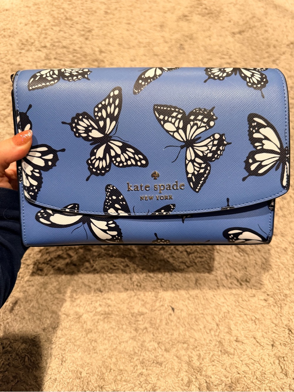 kate spade perry street blue butterfly print crossbody with gold chain - Picture 2 of 5